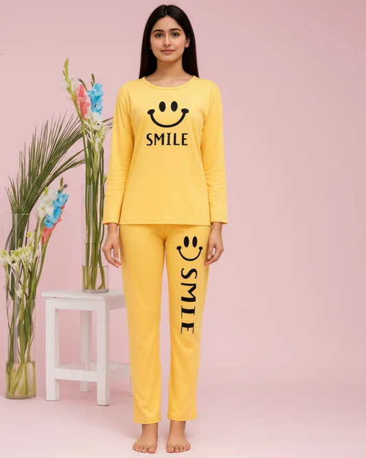 Women's Happy Smiley Face Nightwear Set – Long Sleeve Top & Printed Trousers