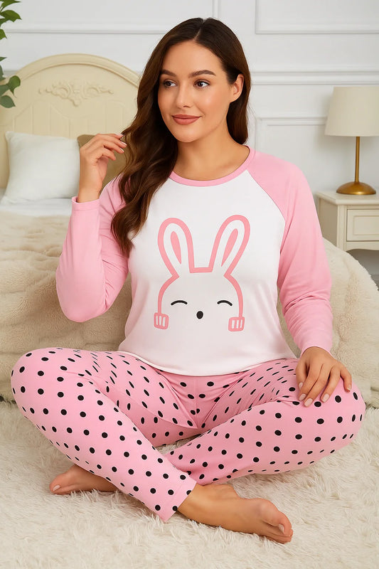Sweet Bunny Comfort: Cute Pink Bunny & Polka Dot Pajama Set