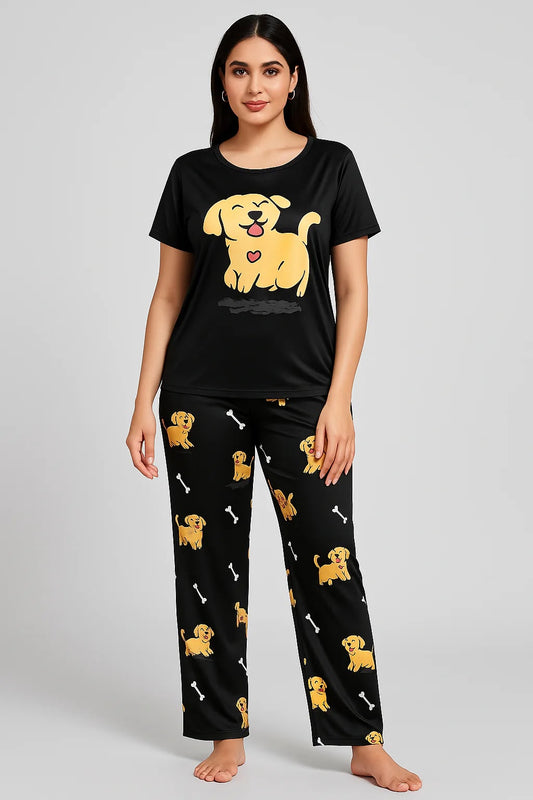 Cozy Paw-fection: Cute Golden Puppy Print Nightwear Pajama Set