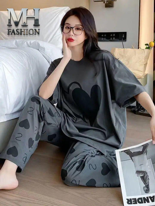 Chic Charcoal Grey Dual-Heart Women's Nightwear Set