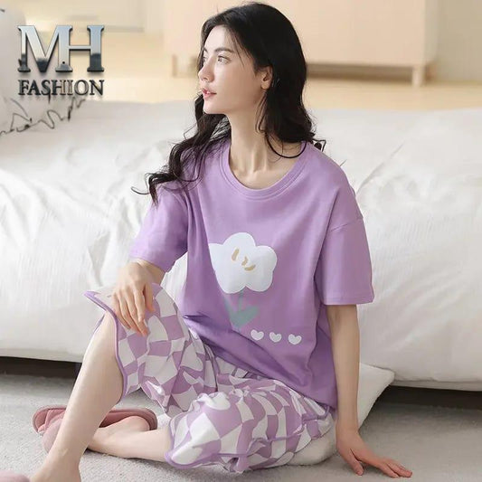 Soft Lavender White Flower Women's 2-Piece Nightwear Set