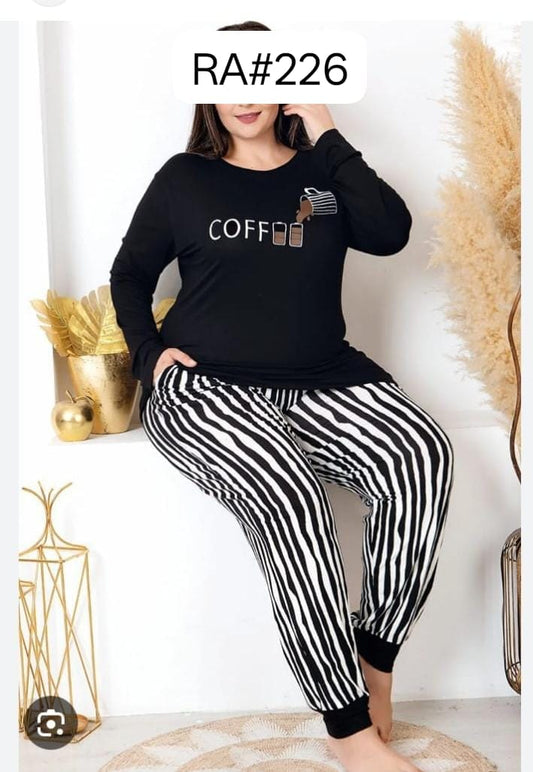 Women's "Coffee" Graphic Long Sleeve Pajama Set with Striped Trousers