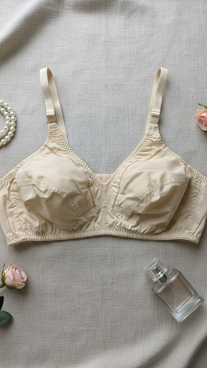 Beige bra on a textured surface with flowers and a bottle of perfume.