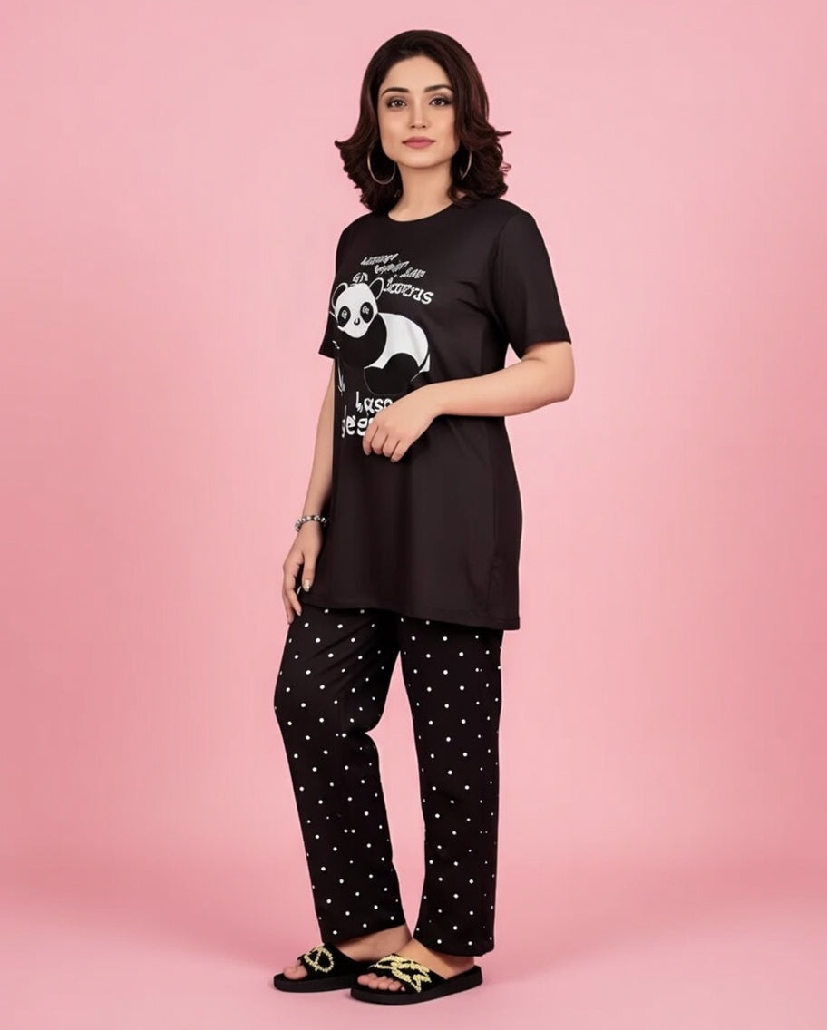 Cute Panda Printed Nightwear Set – Cozy Short Sleeve Top & Polka Dot Pajamas