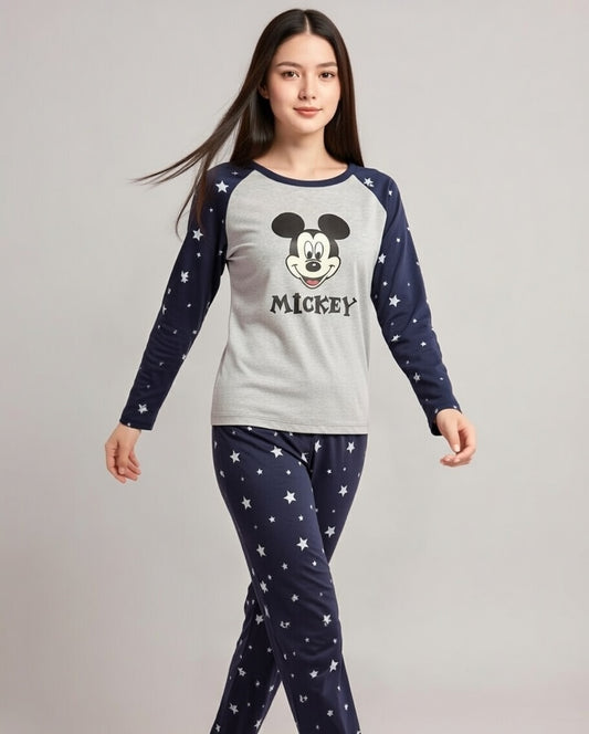 Cute Mickey Mouse & Stars Printed Nightwear Set – Raglan Long Sleeve Loungewear