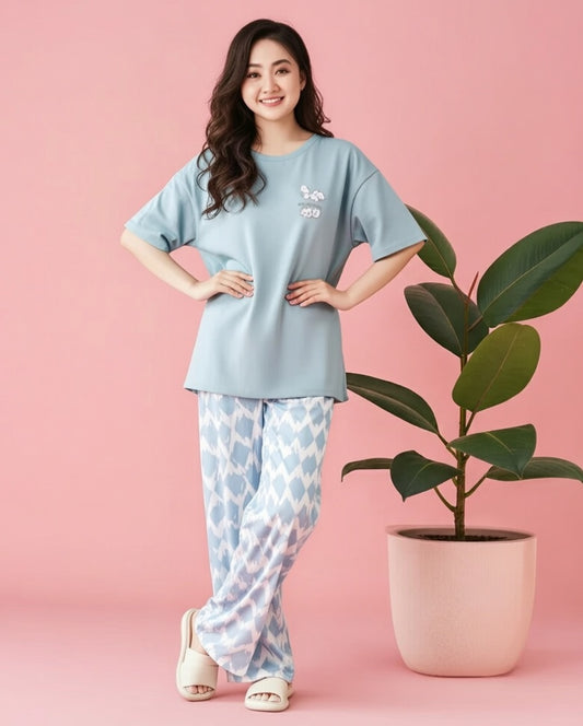 Women's Pastel Blue Loungewear Set – Soft Oversized Short Sleeve Top & Geometric Trousers