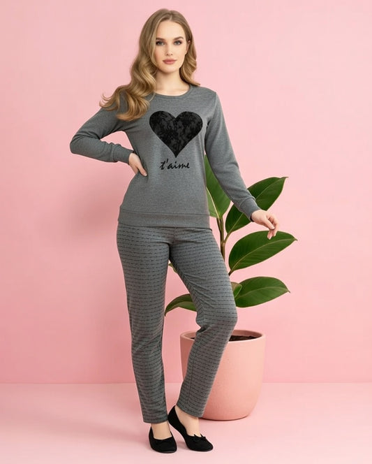 Women's "J'aime" Heart Graphic Nightwear Set – Charcoal Grey Long Sleeve Lounge Set
