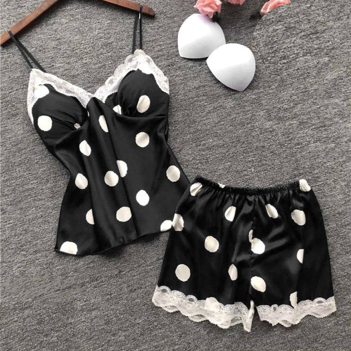 Silk Pajamas For Women Sexy Lingerie Lace Trim Camisole And Shorts Polka Dot Sleepwear