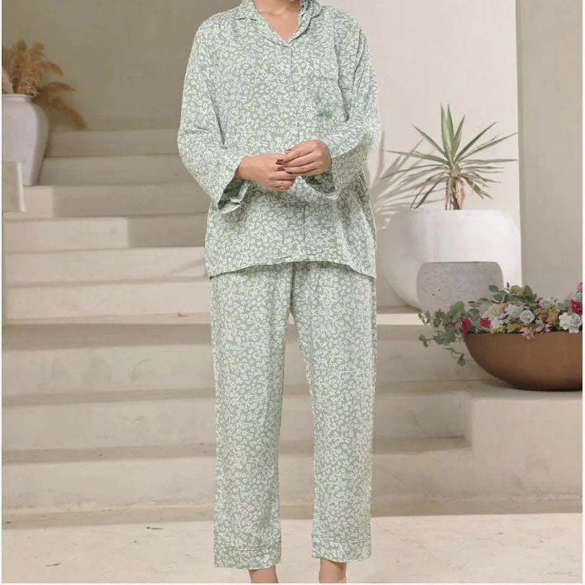 Summer Cooling Linen 2-Piece Pajama Set With Scrunchie