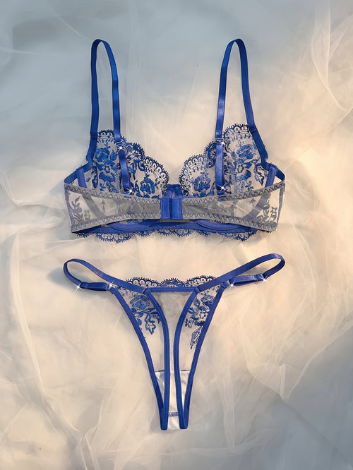 Blue European Style Floral Embroidery Lingerie Set, Single-Layer Sheer Bra and Thong Panties with Breathable Underwire Bra