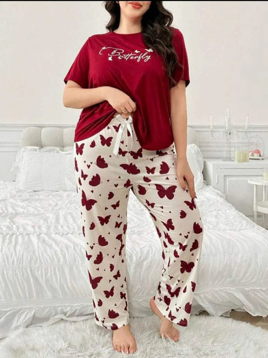 Flutter Comfort: Cute "Butterfly" Script Top & Printed Pajama Set