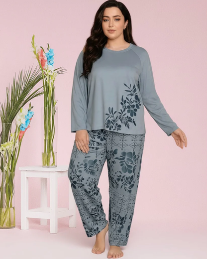 Women's Floral Print Loungewear Set – Elegant Long Sleeve Top & Matching Wide-Leg Pajamas