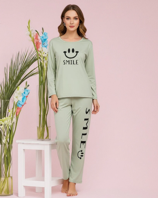 Women's Happy Smiley Face Nightwear Set – Long Sleeve Top & Printed Trousers