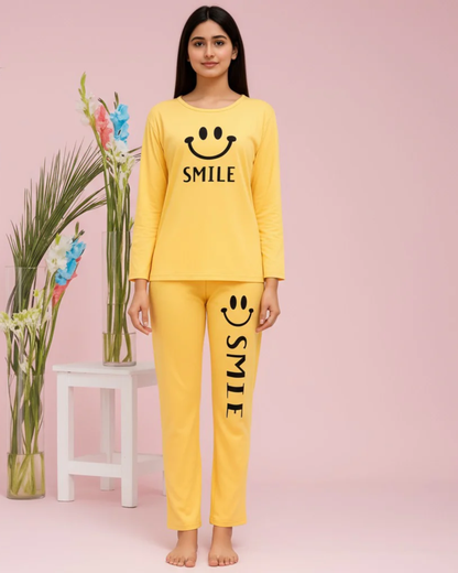 Women's Happy Smiley Face Nightwear Set – Long Sleeve Top & Printed Trousers