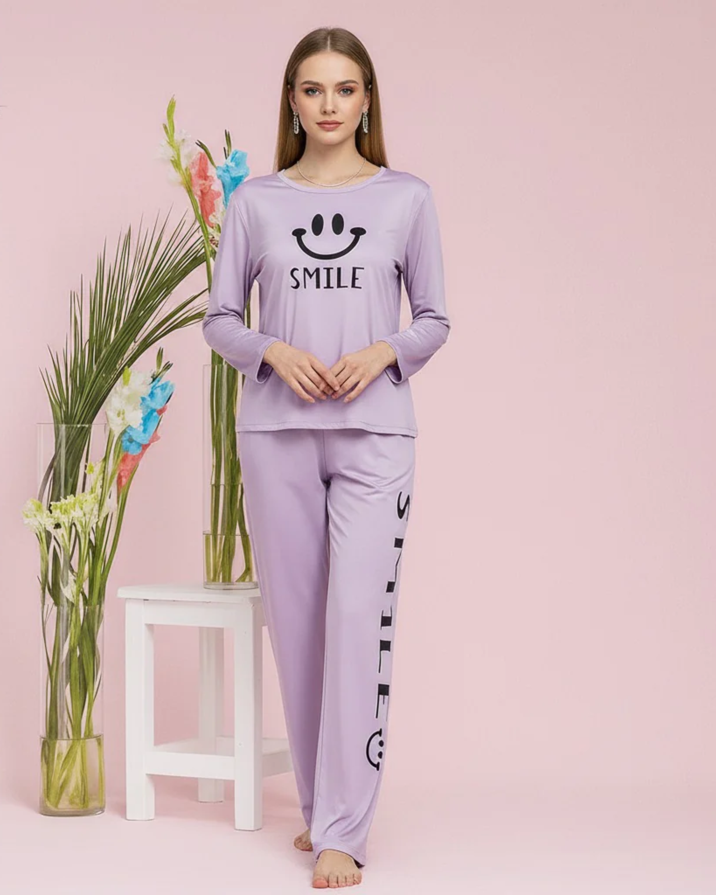 Women's Happy Smiley Face Nightwear Set – Long Sleeve Top & Printed Trousers