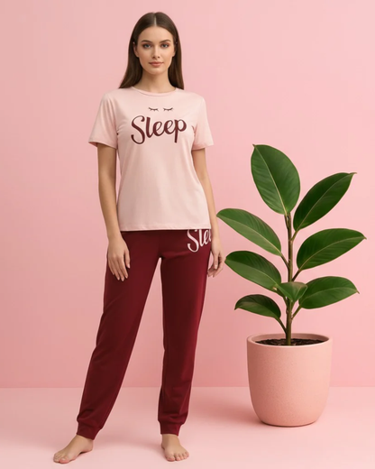 Cute "Sleep" Eyelashes Graphic Nightwear Set – Light Pink Tee & Maroon Pajama Pants