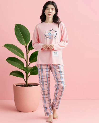 Women's Pink Cartoon Plaid Nightwear Set – Long Sleeve Top & Matching Checkered Trousers
