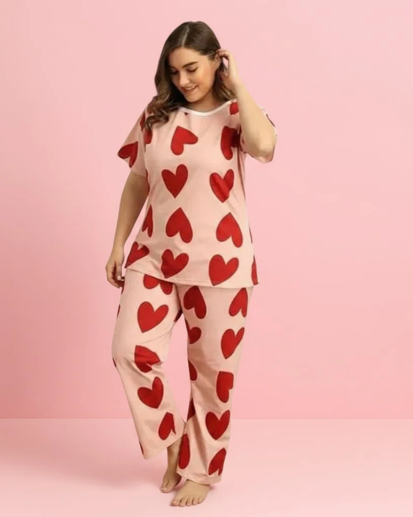Romantic All-Over Red Hearts Nightwear Set – Pink Short Sleeve Top & Pajama Pants