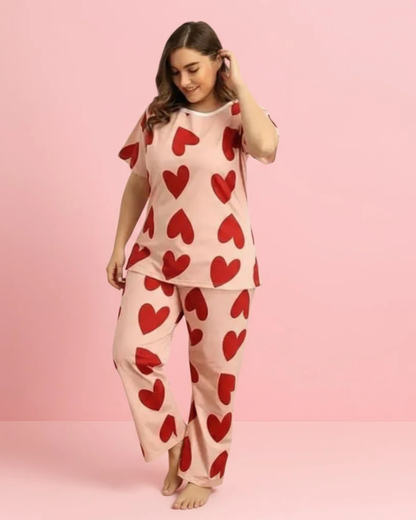 Romantic All-Over Red Hearts Nightwear Set – Pink Short Sleeve Top & Pajama Pants