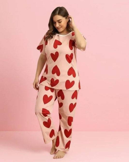 Romantic All-Over Red Hearts Nightwear Set – Pink Short Sleeve Top & Pajama Pants