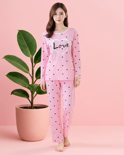 Sweet Pink "Love" Heart Printed Nightwear Set – Long Sleeve Top & Pajama Pants