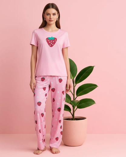 Sweet Strawberry Printed Nightwear Set – Pink Short Sleeve Top & Pajama Pants