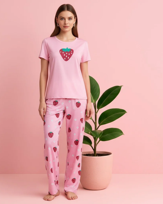 Sweet Strawberry Printed Nightwear Set – Pink Short Sleeve Top & Pajama Pants