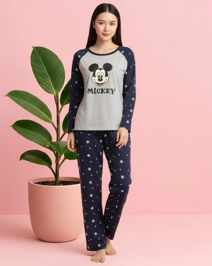 Cute Mickey Mouse & Stars Printed Nightwear Set – Raglan Long Sleeve Loungewear