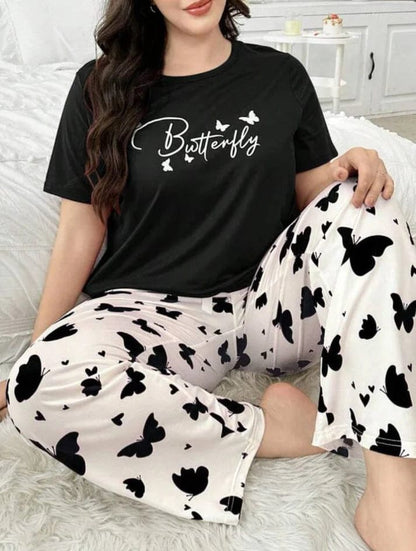 Flutter Comfort: Cute "Butterfly" Script Top & Printed Pajama Set