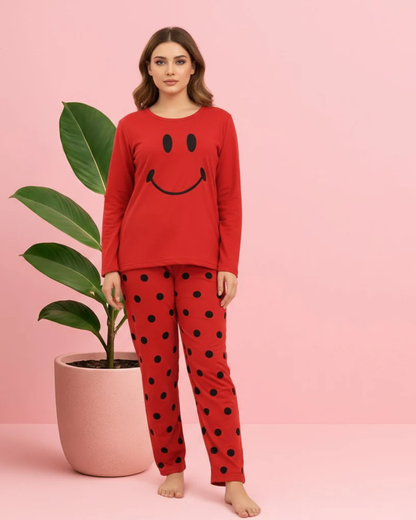 Vibrant Red Smiley Face Nightwear Set – Long Sleeve Top & Polka Dot Pants