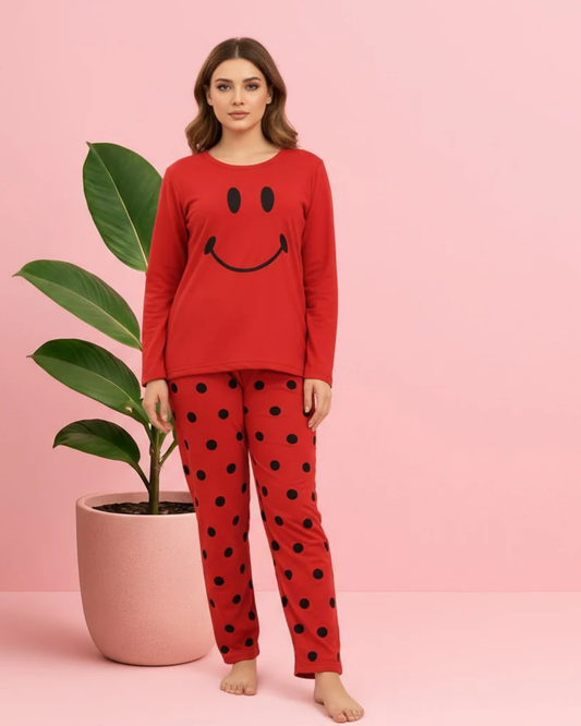 Vibrant Red Smiley Face Nightwear Set – Long Sleeve Top & Polka Dot Pants