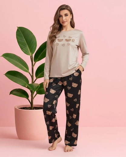 Cute Teddy Bear & Hearts Nightwear Set – Beige Long Sleeve Top & Black Printed Trousers