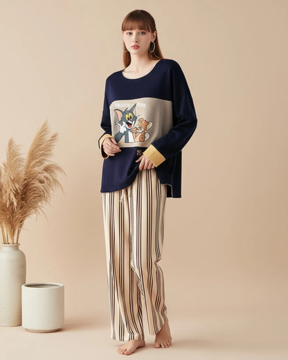 Women's Cartoon Cat & Mouse Lounge Set – Navy Colorblock Top & Striped Wide-Leg Trousers