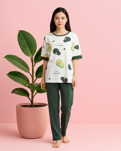 Cute All-Over Avocado Print Nightwear Set – White Short Sleeve Top & Dark Green Pants