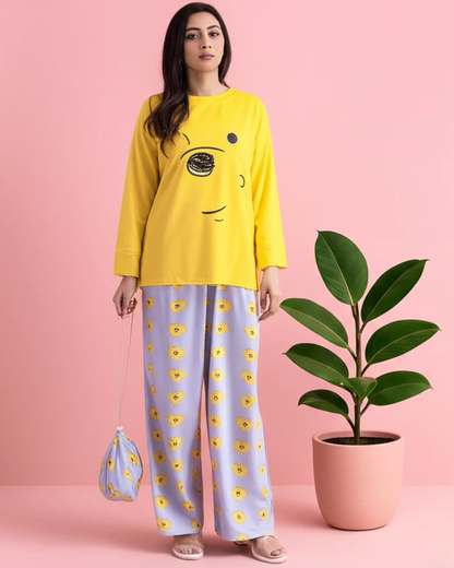 Vibrant Yellow Cartoon Graphic Nightwear Set – Long Sleeve Top & Lilac Printed Trousers