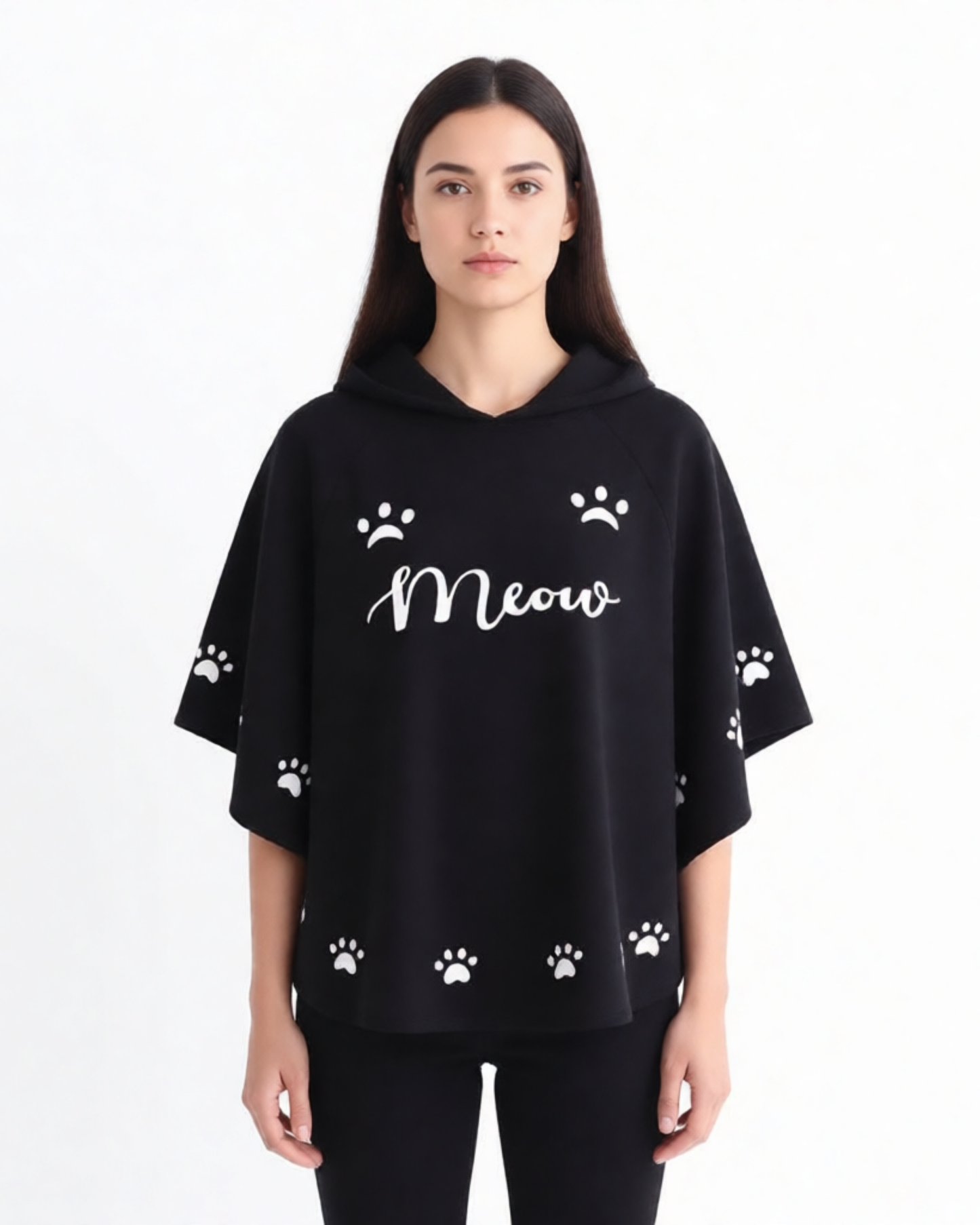 Women's "Meow" Paw Print Hooded Poncho – Loose Fit Casual Loungewear Cape