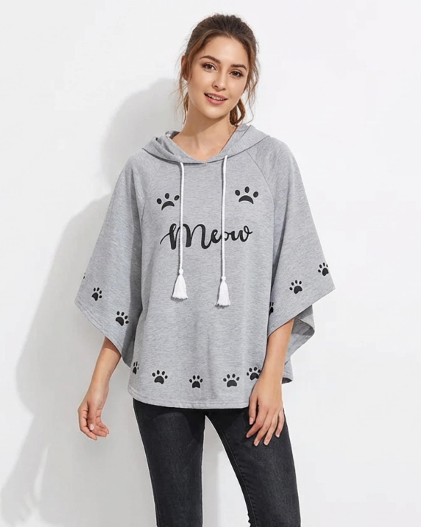 Women's "Meow" Paw Print Hooded Poncho – Loose Fit Casual Loungewear Cape