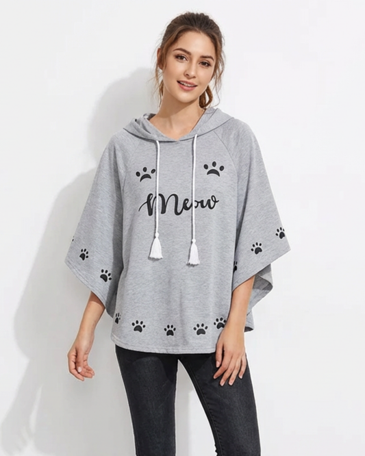 Women's "Meow" Paw Print Hooded Poncho – Loose Fit Casual Loungewear Cape