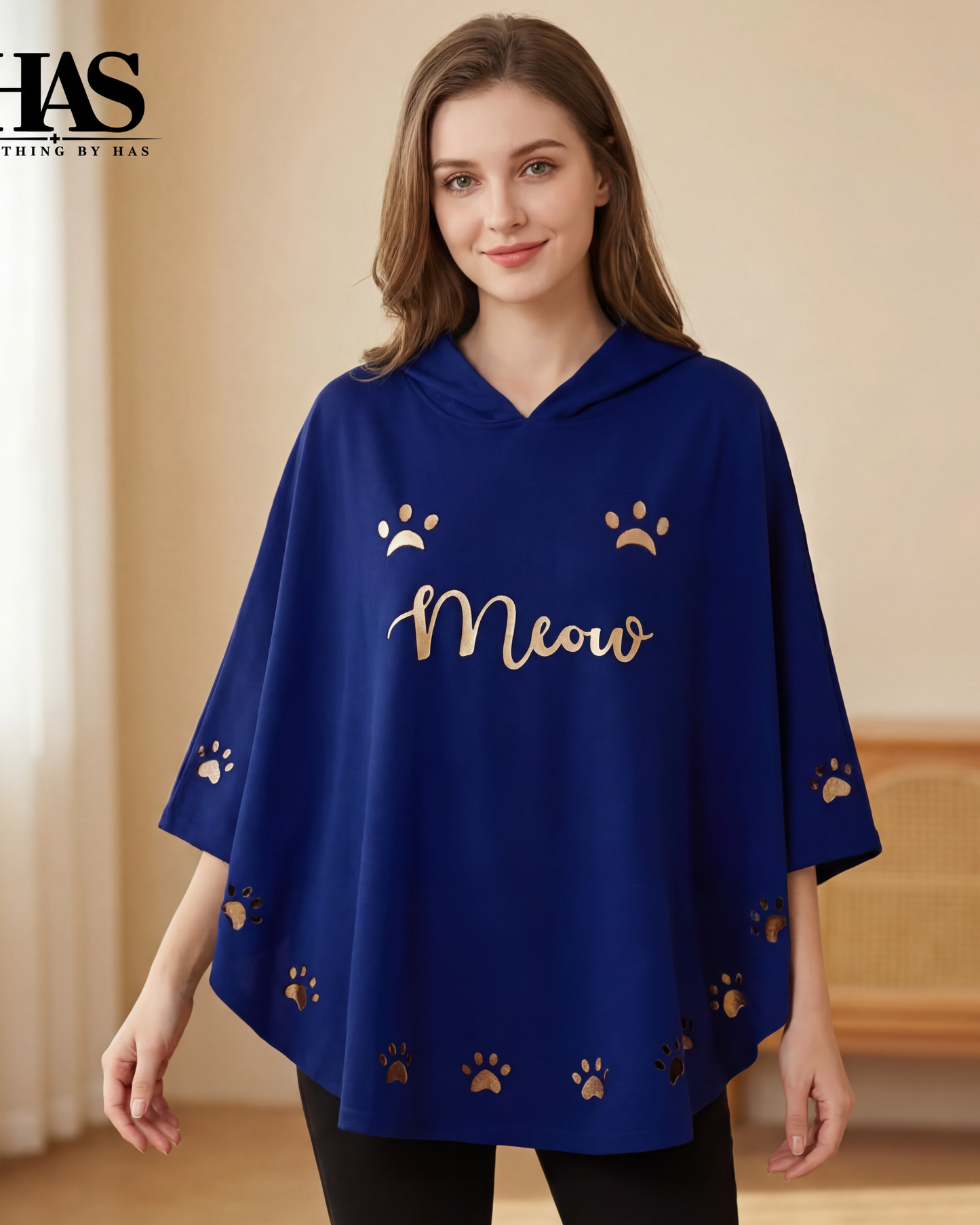 Women's "Meow" Paw Print Hooded Poncho – Loose Fit Casual Loungewear Cape