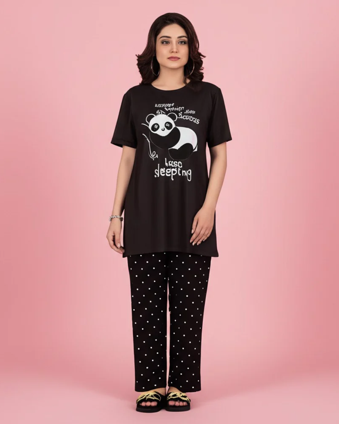 Cute Panda Printed Nightwear Set – Cozy Short Sleeve Top & Polka Dot Pajamas