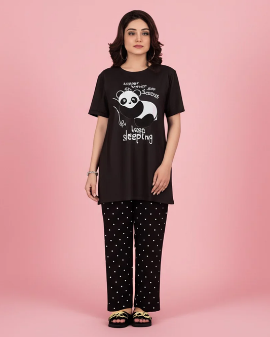Cute Panda Printed Nightwear Set – Cozy Short Sleeve Top & Polka Dot Pajamas