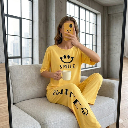Sunshine Smile: Cute "SMILE" Graphic Tee & Matching Pajama Set