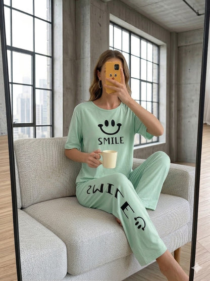 Sunshine Smile: Cute "SMILE" Graphic Tee & Matching Pajama Set