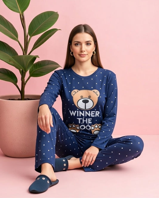 Women's 2-Piece Winter Loungewear Set – Navy Blue Polka Dot Full Sleeve Top & Matching Trousers