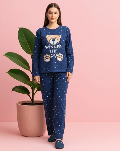 Women's 2-Piece Winter Loungewear Set – Navy Blue Polka Dot Full Sleeve Top & Matching Trousers