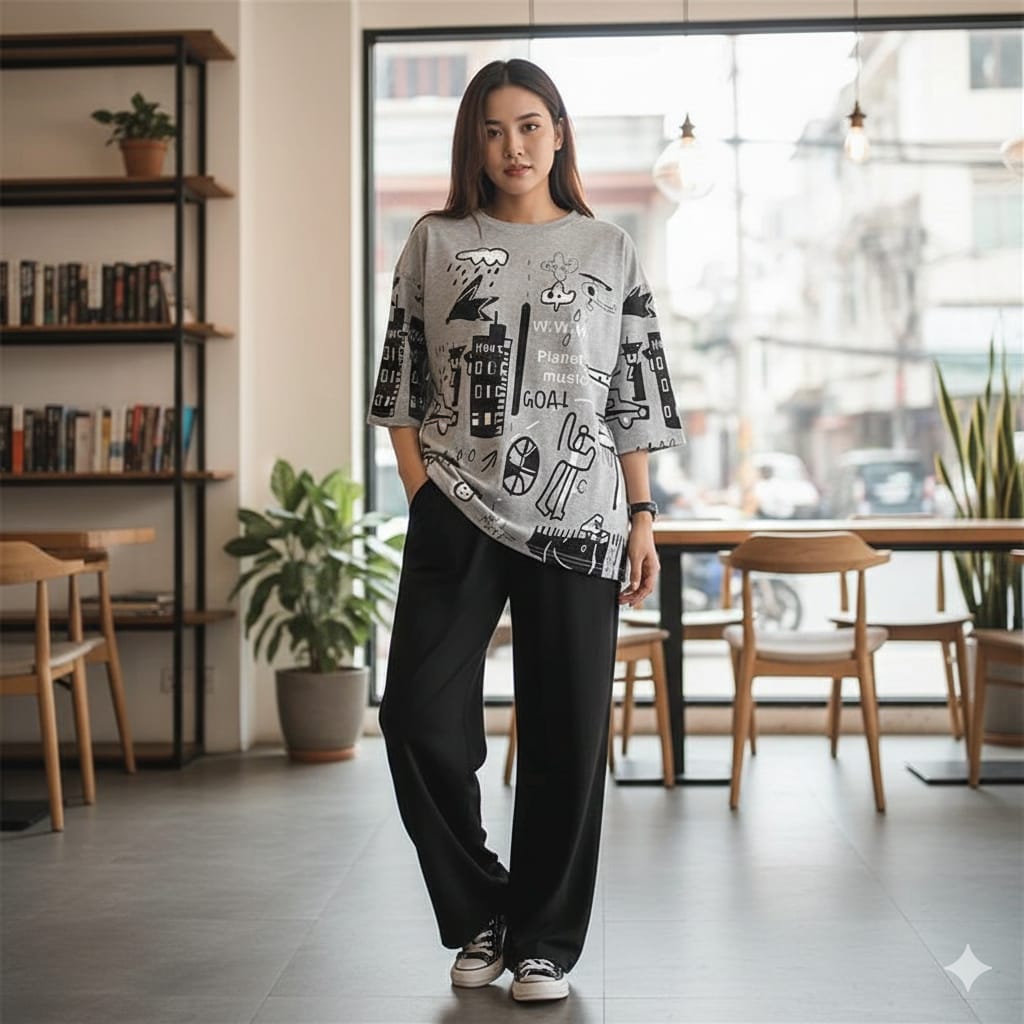 Urban Doodle Vibes: Women's Oversized Graffiti Print Top & Wide-Leg Pants Set