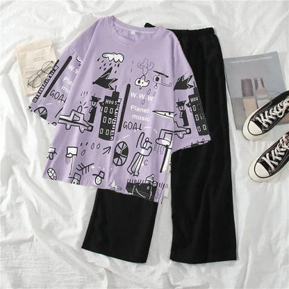 Urban Doodle Vibes: Women's Oversized Graffiti Print Top & Wide-Leg Pants Set