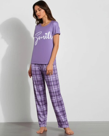 Trendy Purple "Smile" Printed Nightwear Set – Soft Short Sleeve Top & Plaid Pants