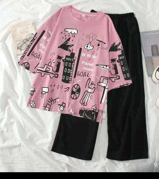 Urban Doodle Vibes: Women's Oversized Graffiti Print Top & Wide-Leg Pants Set