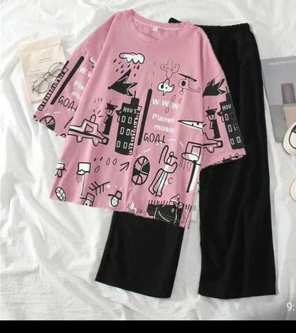 Urban Doodle Vibes: Women's Oversized Graffiti Print Top & Wide-Leg Pants Set